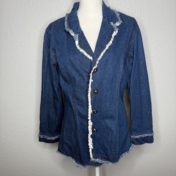 Mark Alan Blue Demin jacket Blazer with fringe lining outside -cp - Picture 2 of 8